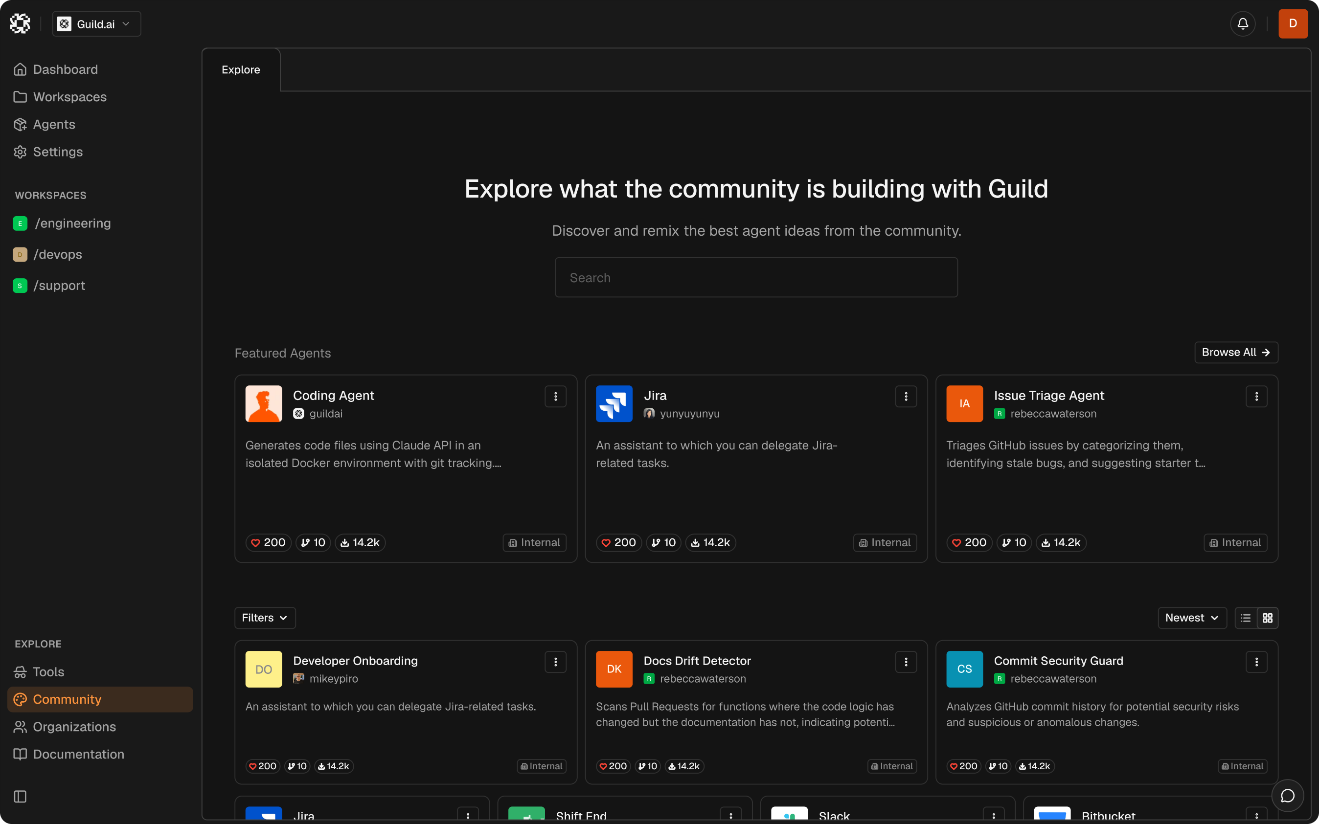 Agent Hub interface showing agent discovery, configuration, and deployment